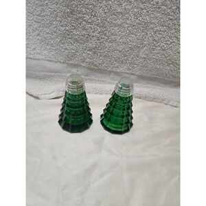 Vintage Green Glass Christmas Tree Salt and Pepper Shakers Holiday Decor Set
